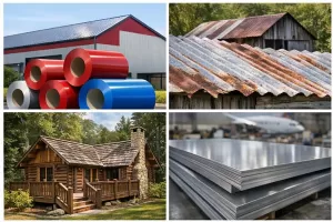 Comparison of pre-painted galvanized steel, rusty galvanized iron, wood exterior, and uncoated aluminum, showing durability, corrosion resistance, and appearance differences for industrial and residential use banner