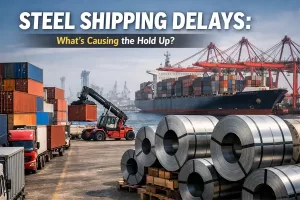 Steel coils stacked at a busy Chinese port with container ships, cranes, and trucks, illustrating steel shipping delays and port congestion after Chinese New Year