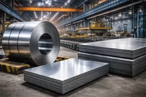 Steel coil roll and stacked steel sheets and plates in industrial factory workshop, showing differences between coil, sheet, and plate for manufacturing applications