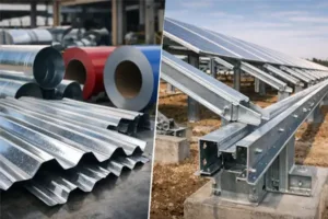 S350GD structural galvanized steel used in solar mounting system compared with DX51D galvanized steel sheets and coils for roofing and cladding applications banner