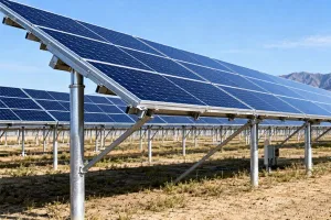 High-strength galvanized steel solar mounting system supporting photovoltaic panels in a large-scale solar farm banner