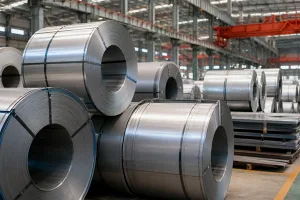 Steel coils in an industrial warehouse representing ASTM, EN, and GB steel standards for global engineering and procurement banner