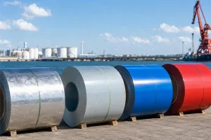 GI, GL, PPGI, and ZAM steel coils displayed at a coastal port, illustrating corrosion-resistant steel solutions for marine and high-salinity environments banner