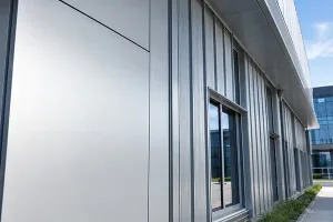 Modern exterior building facade featuring electro-galvanized steel panels used in contemporary architecture for corrosion resistance comparison and outdoor applications banner