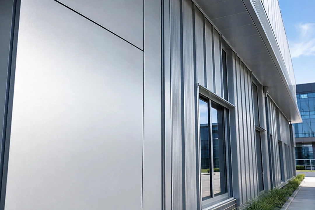 Modern exterior building facade featuring electro-galvanized steel panels used in contemporary architecture for corrosion resistance comparison and outdoor applications.