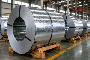Galvanized steel coils stored in an industrial warehouse with proper packaging and stacking to prevent white rust corrosion during storage and transportation banner