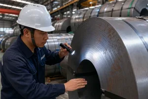 Steel coil inspection in warehouse checking surface corrosion, rust defects, dimensional quality, and material condition before manufacturing processing banner