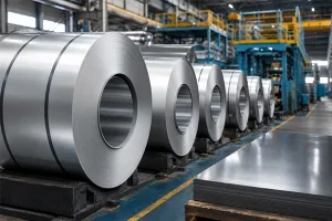 Cold rolled steel coils in a manufacturing facility for DC01, DC04, DC06 and ST12 deep drawing steel production banner