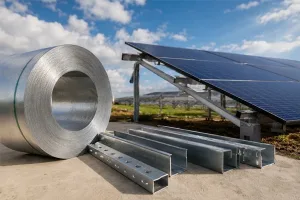 ZAM steel coils and roll-formed solar mounting rails used in BIPV rooftop and ground-mounted photovoltaic support systems banner