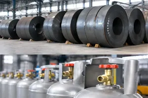 A composite image showing industrial carbon steel coils stored in a warehouse (top) and a row of finished silver gas cylinders with red valves (bottom), representing the manufacturing of HP345 gas cylinder steel.