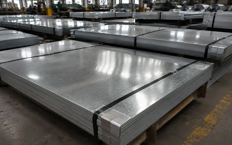 Close-up of hot-dip galvanized steel sheets secured with black metal strapping and corner protectors, showing the reflective spangled surface of the zinc layer.