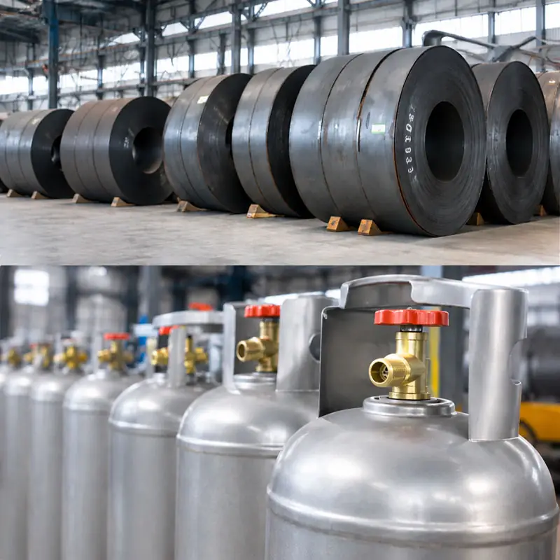  A professional view of heavy-duty steel coils ready for processing and finished LPG cylinders lined up in a factory, highlighting the excellent formability and welding performance of specialized gas cylinder steel.