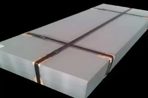 stacked 201 stainless steel sheets bound with steel strapping and edge protectors(1)