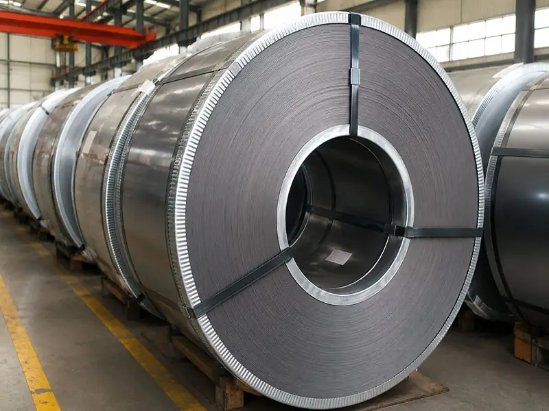 Multiple industrial-grade CRNGO electrical steel coils stacked in a warehouse, highlighting the cold-rolled processing and laminated structure suitable for rotating machines.