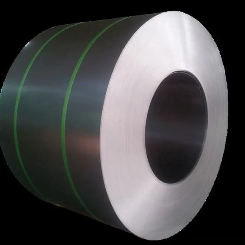 304 stainless steel coil with a smooth silver surface and protective green strapping