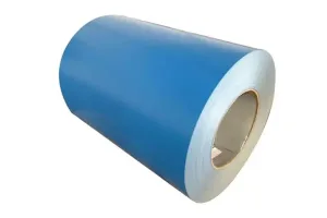 a large roll of blue coated metal sheet with a visible central core and layered edges, displayed diagonally against a white background.