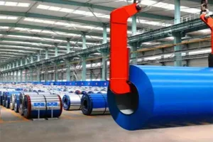 color coated galvalume steel coils stored in an industrial production facility