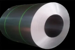 dark green stainless steel coil with a tightly wound metallic inner core and protective green bands