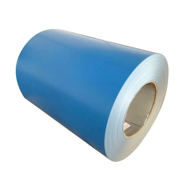 ppgi steel coil cross sectional structure,showing the multi layer composition of blue topcoat, zinc coating, and steel substrate